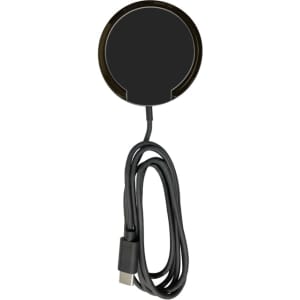 A black magnetic wireless charger with a USB cable. It has a circular design and a sleek appearance.