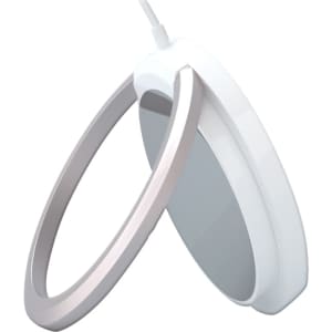A white and silver 15W magnetic wireless charger stand with a sleek design and a circular shape.