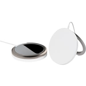 A magnetic wireless charge stand in white and silver, featuring a sleek, minimalist design and a rounded shape.