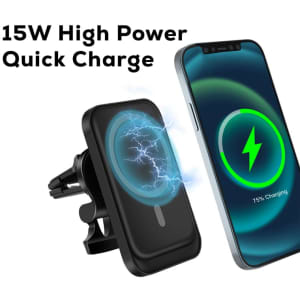 A black 15W magnetic wireless car charger beside a smartphone displaying a charging indicator, with a logo on the charger.