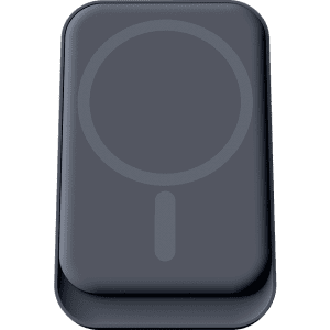 A sleek black magnetic wireless car charger with a circular design and subtle branding.