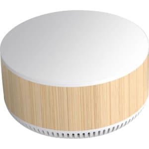 A round speaker with a white top and a bamboo-style finish, featuring a minimalist design and a logo.