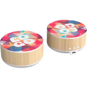 A wireless charging speaker with a colourful geometric design and a bamboo base. It features buttons and a charging port.