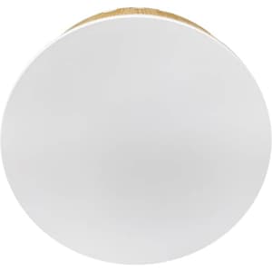 A round white speaker with a wooden accent. It features a logo on the surface.