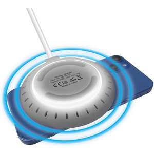 A silver and white 15W fast wireless charger with a charging phone, featuring a logo on the surface.