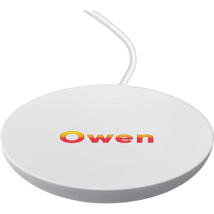 A white circular wireless charger with a cable, featuring a logo in bright colours.