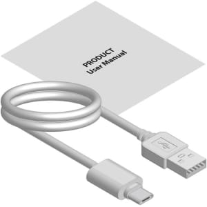 A USB cable in white, coiled alongside a user manual. A simple, functional design without branding.