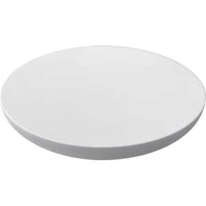 A white circular wireless charger with a smooth surface and a minimalistic design. It includes a logo.