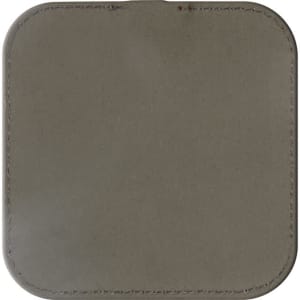 A square grey wireless charger with rounded edges and visible stitching, featuring a logo on its surface.