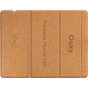 A foldable wireless charging mouse pad in a natural cork colour, featuring a branded logo.