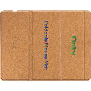 A foldable wireless charging mouse pad in a natural cork finish. Features branding and a wireless charging symbol.