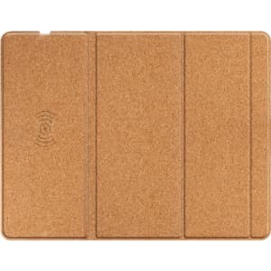 A foldable wireless charging mouse pad in a natural brown colour, featuring a logo on its surface.