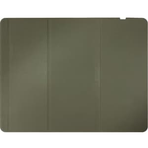 A foldable wireless charging mouse pad in olive green, featuring a minimalist design and a logo.