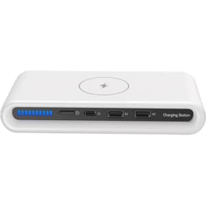 A wireless charging station in white, featuring multiple USB ports and an indicator light. It has a logo on the surface.