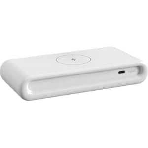 A white wireless charging station with a smooth design and a logo on the surface. It features a USB-C input port.
