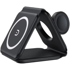 A black triangular wireless charger with a circular charging pad and a magnetic attachment for devices.
