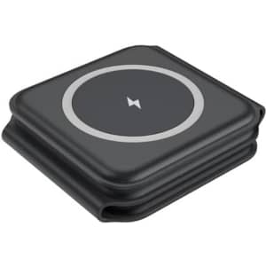 A dark grey wireless charger with a sleek, square design and a circular charging area. It features a logo.
