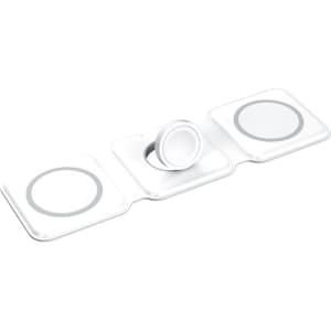 A white 3-in-1 magnetic wireless charger with three charging pads and a central magnetic attachment.