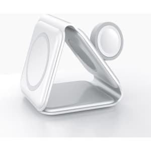 A white, triangular wireless charger with a magnetic attachment. Features a clean, modern design suitable for technology use.