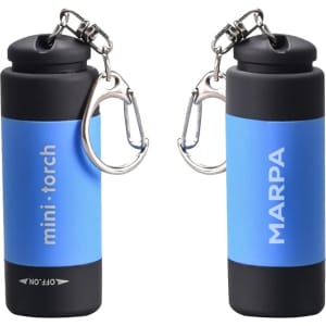 A rechargeable LED torch in blue and black with a carabiner clip and a logo.