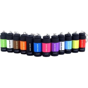 A range of colourful rechargeable LED torches with black accents, each featuring a keyring attachment.