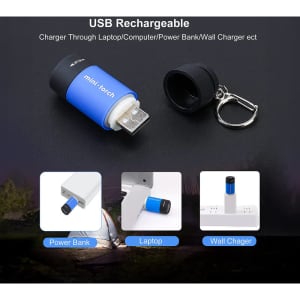 A USB rechargeable LED torch in blue and black, featuring a keyring attachment for convenience.