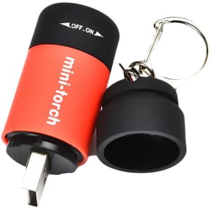 A rechargeable LED torch in red and black, featuring a keyring attachment and a protective cap.