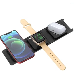 A black 3-in-1 wireless charger with space for a phone, smartwatch, and AirPods, featuring a sleek design and a light colour strap.