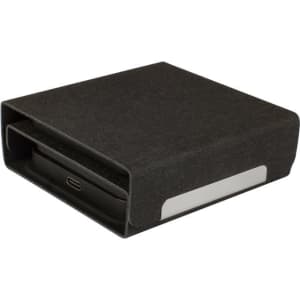 A black wireless charger with a textured finish and a sleek design, featuring a charging port and branding.