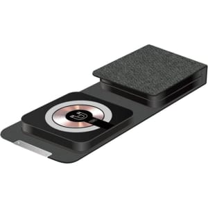 A black and grey Bellevue 3n1 Magnetic 15W Wireless Charger with a textured surface and a logo.