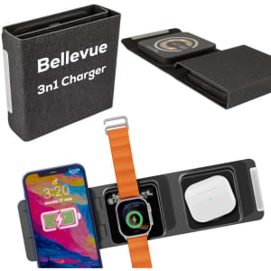 A black and grey magnetic wireless charger with slots for a phone, smartwatch, and earbuds. Features branding on the packaging.