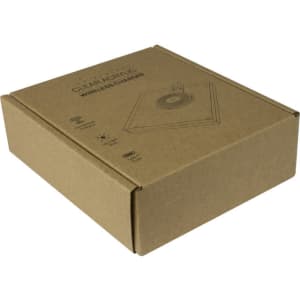 A brown cardboard box containing the Harper 15 Watt Acrylic Wireless Charger with a logo on top.