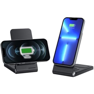 A wireless charger in black, featuring two phone charging positions and a logo on the base.