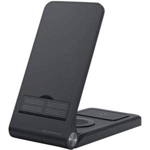 A sleek black wireless charger with a foldable stand and multiple charging surfaces. It features a logo.