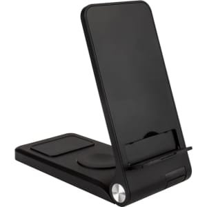 A black 3-in-1 wireless charger with adjustable stand and phone holder, featuring a branding logo.