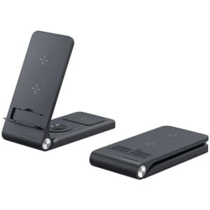 A black 3-in-1 wireless charger with a foldable design, featuring a stand and a flat charging pad.