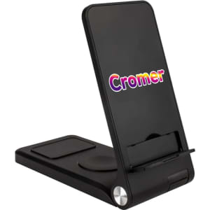 A black 3-in-1 wireless charger stand with a logo and a foldable design for convenient storage.