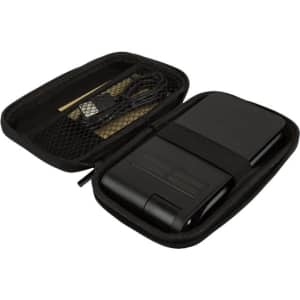 A black wireless charger in a zippered case, featuring compartments for accessories and a mesh pocket.