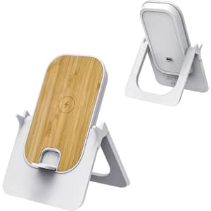 A wireless charging stand with a bamboo top and white base, featuring a branded logo and a collapsible design.