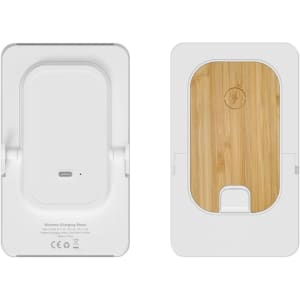 A white wireless charging stand with a bamboo surface on one side and a smooth white back, featuring a logo.