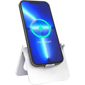 A wireless charging stand in white with a smartphone displaying a charging indicator.