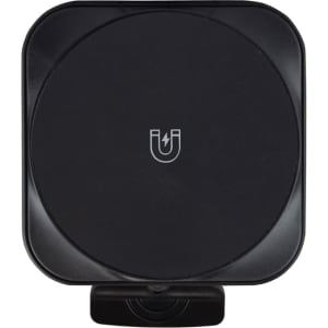 A black magnetic wireless car charger with a simple logo and a compact design.