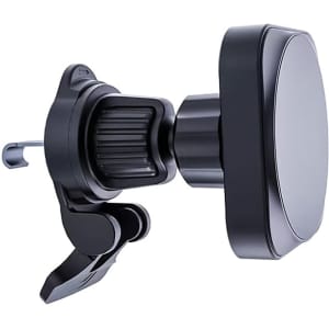 A magnetic wireless car charger in black, featuring a clip mount for secure attachment. Includes a logo on the charger.
