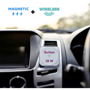 A magnetic, wireless car charger featuring a sleek design, primarily in white, mounted on a car dashboard.