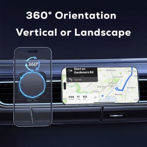 A magnetic wireless car charger with a 360° rotating phone holder, featuring a sleek design and a modern finish.