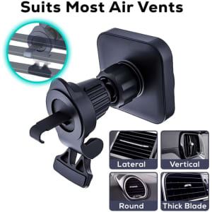 A black car phone mount designed to fit most air vents, featuring adjustable clips for various vent styles.