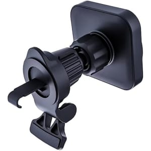 A black magnetic wireless car charger with a mounting clip, designed for easy attachment to a vehicle's interior.
