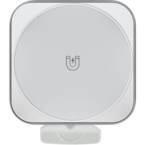 A magnetically-designed, square-shaped wireless car charger in a light grey finish, featuring a simple logo.