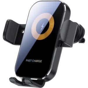 A black 15W fast wireless car charger with a sleek design, featuring a circular indicator on the front and adjustable holders.