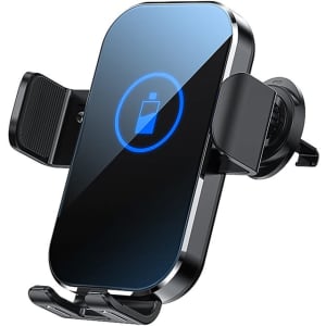 A black and silver wireless car charger with a sleek design and adjustable phone holder. It features a logo on the body.